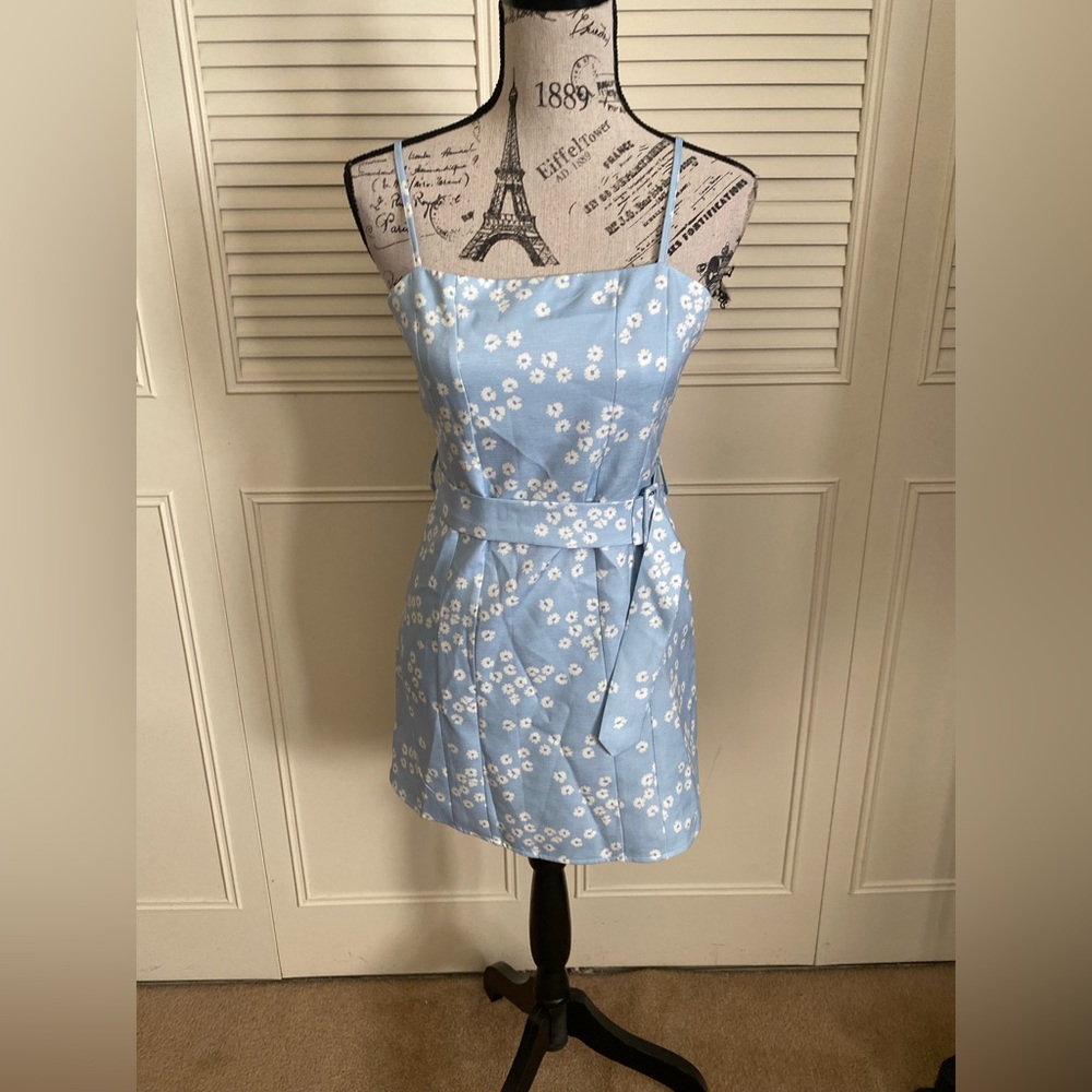 Cider linen blend white floral Belted mini sundress powder sky baby blue